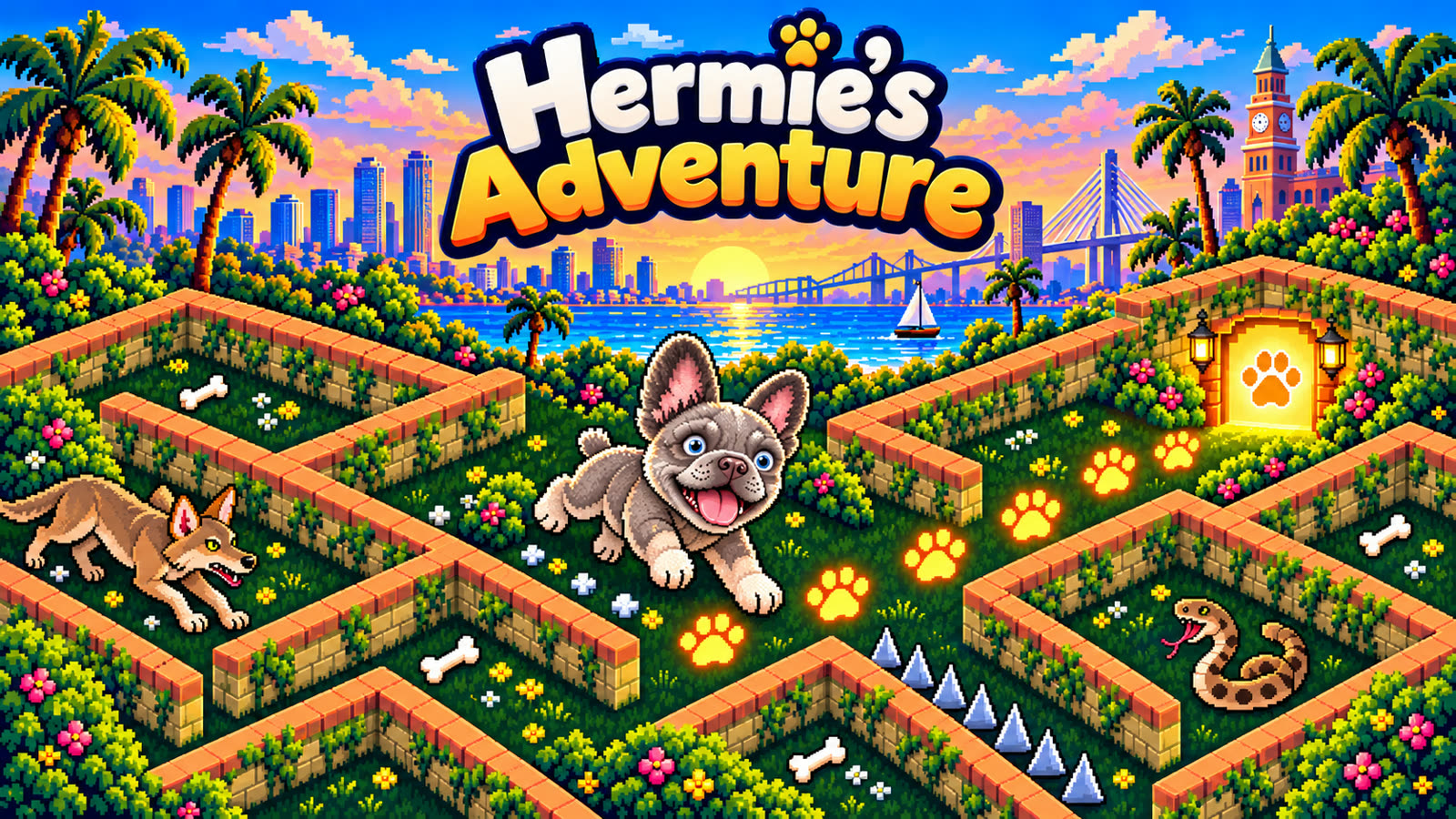 Hermie's Adventure: a French bulldog bounding through a hedge maze above a city by the sea at sunset, past a coyote and a snake