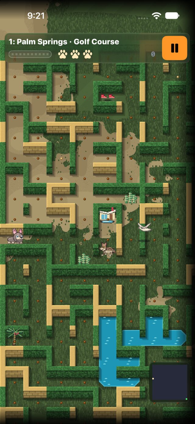 Level 1, Palm Springs: Hermie in a hedge maze across a golf course, with sandstone walls, a pond, kibble, coyotes and a dove overhead