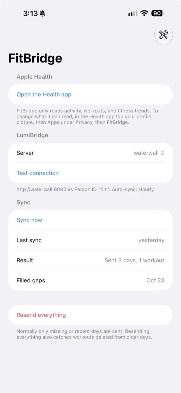 FitBridge on an iPhone: a link to the Health app, the LumiBridge server it syncs with and a Test connection button, then Sync now with the last sync&rsquo;s time, result and the gaps it filled