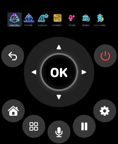 WatchBridge on an Apple Watch: a round direction pad with OK in the middle, Back and Power above it, and Home, Apps, Mic, Pause and Settings along its lower edge; across the top, a live view of the display&rsquo;s Home launcher