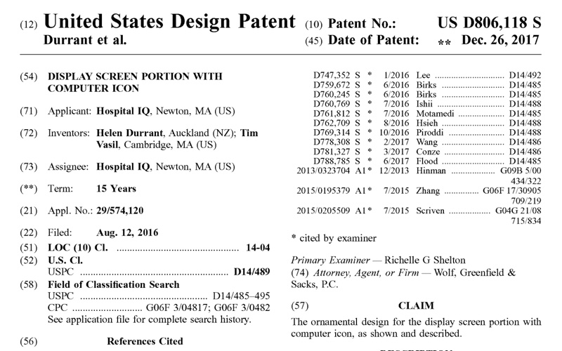 Front page of US design patent D806,118