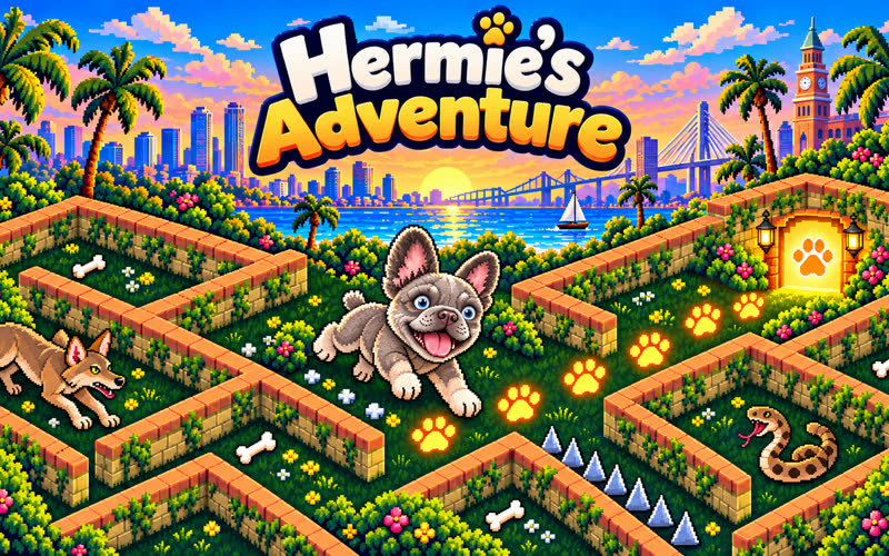 Hermie's Adventure splash art: a French bulldog bounding through a hedge maze above a city by the sea at sunset, past a coyote and a snake
